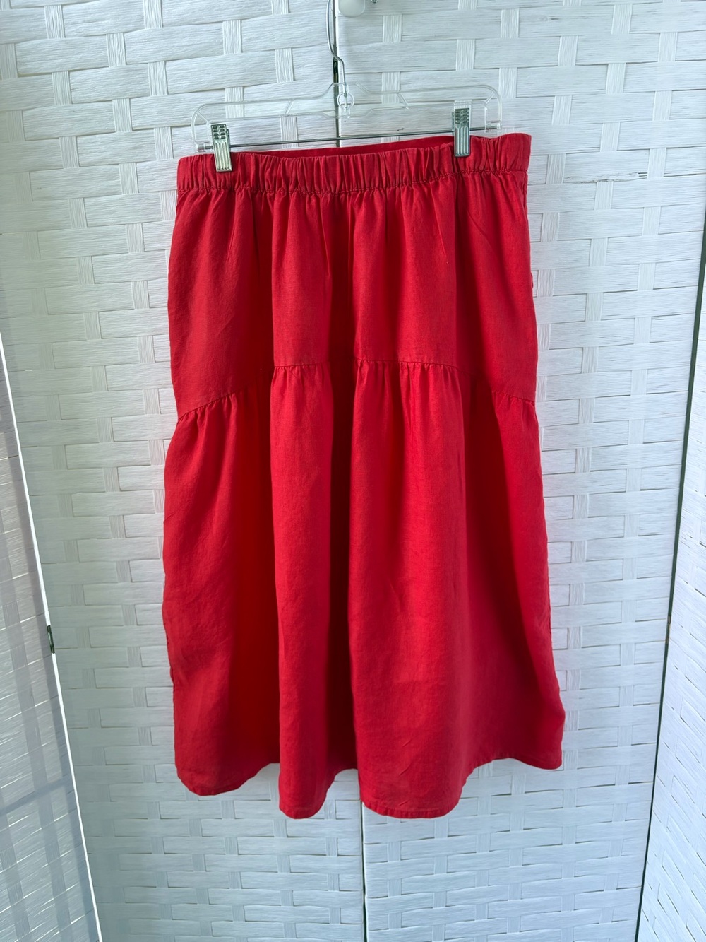Joie Linen XL Red Tier Maxi Skirt Pockets Pull On Elastic Back Waist Beach Boho - Picture 3 of 12